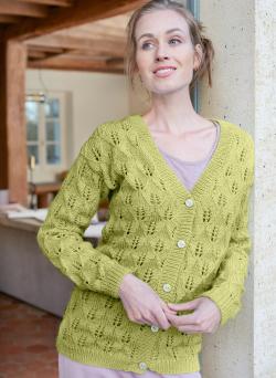 Fiche modèle - Gilet ajouré feuille col V Benedicte - Bergère de France