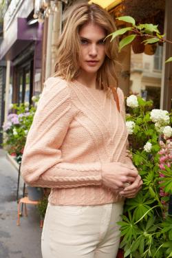 Fiche modèle - Pull femme col évasé à manches bouffantes côtes à torsades - Bergère de France