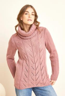 Fiche modèle - Pull col boule à torsades ajourées Déborah - Bergère de France