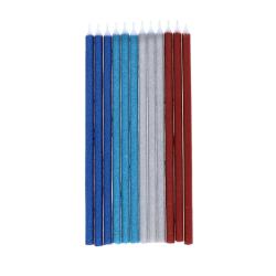 Lot de 12 bougies à paillettes bleues, rouges et argentées