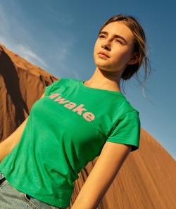 T-shirt manches courtes fille en coton bio vert avec message rose - XS