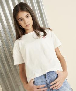 T-shirt manches courtes fille en coton bio blanc avec broderies thème coup de foudre - XS