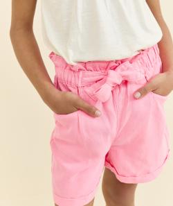 Short droit fille en viscose responsable rose fluo avec noeud - 9 A
