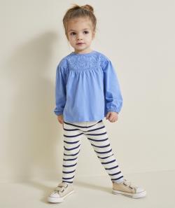 Legging côtelé bébé fille en coton bio écru à rayures bleues - 3 M