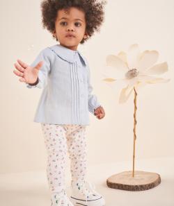 Legging bébé fille en coton bio blanc côtelé avec imprimé fleuri - 3 M