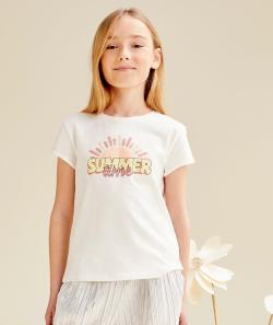 T-shirt fille en coton bio blanc avec message summer time et soleil - 12 A