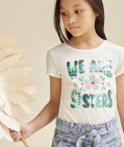 T-shirt fille en coton bio blanc avec message en sequins réversibles - 8 A