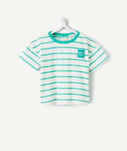 T-shirt manches courtes bébé garçon en coton bio blanc à rayures vertes - 3 M