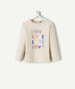 T-shirt manches longues bébé garçon en coton bio beige motif love - 24 M