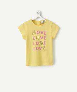 T-shirt manches courtes bébé fille en coton bio jaune avec motif love - 9 M