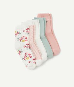 Lot de 5 chaussettes hautes fille vert et rose avec fleurs - 38-40