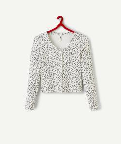 T-shirt manches longues fille en coton bio écru boutonné avec imprimé fleuri - XXS