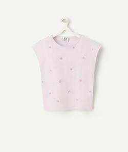 T-shirt manches courtes fille en coton biologique lila avec marguerite brodé - 6 A