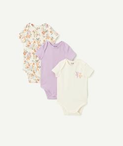 Lot de 3 bodies manches courtes en coton bio uni écru et imprimé à fleurs - 18 M