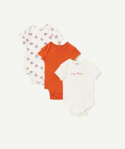 Lot de 3 bodies manches courtes en coton bio uni écru et imprimé à fleurs - 18 M