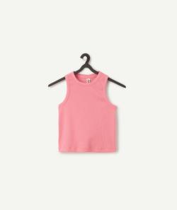 Débardeur court fille en coton biologique côtelé rose - S