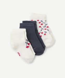 Lot de 3 socquettes bébé fille écru et bleu thème cerises - 18-20