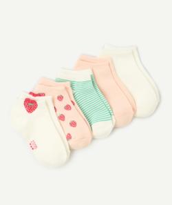 Lot de 5 socquettes fille rose blanc et vert thème fraises - 24-26