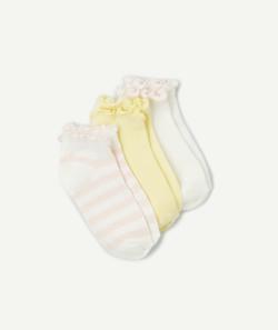 Lot de 3 paires de socquettes fille rose blanc et jaune avec festons - 27-30