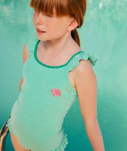 Maillot de bain 1 pièce fille en fibres recyclées à rayures vertes - 8 A