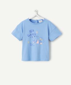 T-shirt bébé fille en coton bio bleu avec motifs coquillages et étoiles pailletées - 6 M