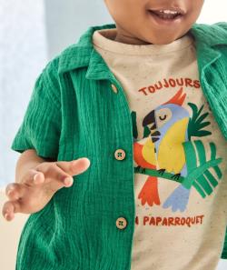 T-shirt manches courtes bébé garçon beige imprimé mouchetés de couleurs et motif oiseaux - 12 M