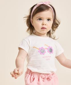 T-shirt manche courte bébé fille en cotion bio anti-uv écru - 36 M