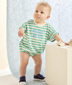 Body t-shirt manches courtes bébé garçon en coton bio rayé bleu clair et blanc motif poissons - 6 M