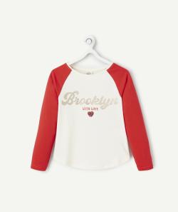 T-shirt fille en coton bio écru et rouge avec message pailleté - 10 A