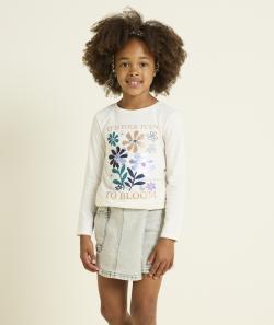T-shirt manches longues fille en coton bio écru motif fleurs - 12 A