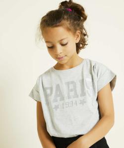 T-shirt fille en coton bio gris avec message pailleté - 10 A