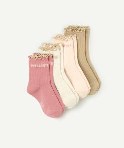 Lot de 4 paires de chaussettes fille beige et rose avec festons dorés - 27-30