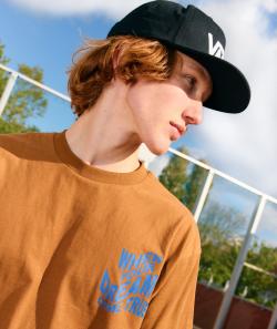 T-shirt manches courtes garçon en coton bio ocre imprimé bleu - XXS