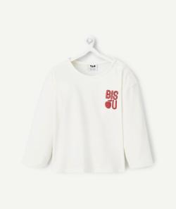T-shirt bébé fille manche longue en coton bio écru avec message brodé rouge - 9 M