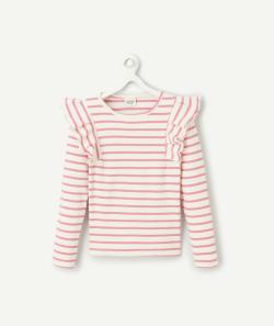 T-shirt manches longues fille en coton bio rayé rose avec volants - 10 A