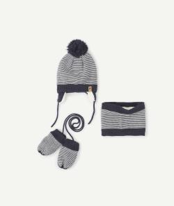 Le set rayé avec bonnet moufles et snood en fibres recyclées - 3-9 M
