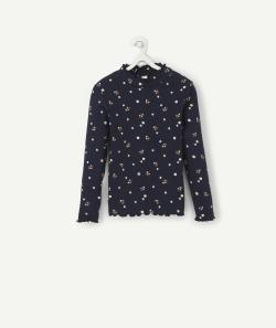 Sous-pull bleu marine côtelé col montant et imprimé fleuri fille - 8 A
