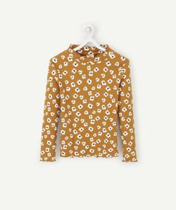 Sous-pull côtelé ocre avec motifs fleurs et col montant fille - 2 A
