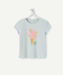 T-shirt fille en coton reyclé vert d'eau avec cornet de fleurs - 2 A