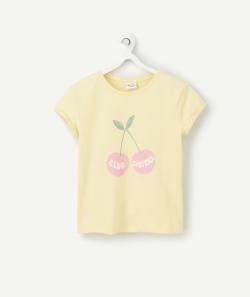 T-shirt fille en fibres recyclées jaune avec cerise et message - 12 A