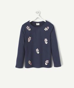 T-shirt fille en fibres recyclées bleu avec fleurs à sequins - 2 A