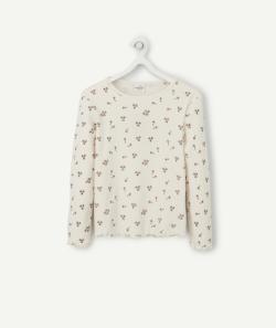 T-shirt côtelé fille en fibres recyclées blanc aux motifs fleurs - 14 A