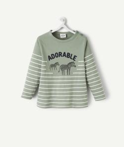 T-shirt kaki en fibres recyclées bébé garçon rayé et zèbres - 1 M