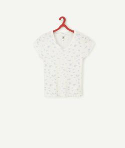 T-shirt en maille ajourée fille en fibres recyclées blanc imprimé fleuri - XXS