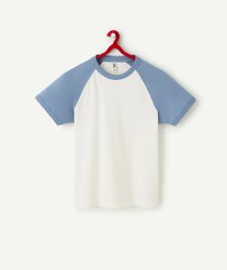 T-shirt garçon en fibres recyclées écru et bleu - XXS