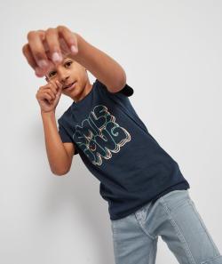T-shirt garçon en coton bio bleu marine avec message floqué - 2 A