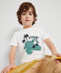 T-shirt garçon en coton bio blanc avec crocodile et message floqués - 2 A