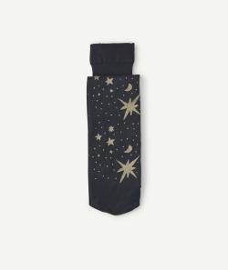 Collants fille en voile bleu marine avec pois et étoiles couleur dorée - 31-34