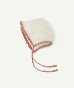 Bonnet béguin bébé fille écru et rose avec détails brodés - 3-6 M