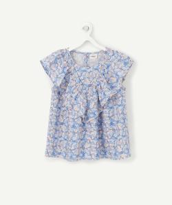 Blouse fille bleue imprimée fleurie avec fils couleur dorée et volants - 8 A